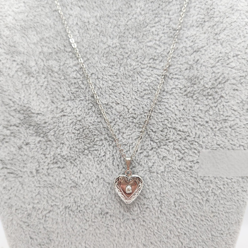 Dainty Etched Heart Locket Pendant Necklace Crystal Accent 18 Inch USA Made